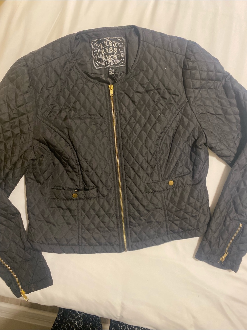 last kiss Black Quilted Bomber Jacket with Gold Hardware
